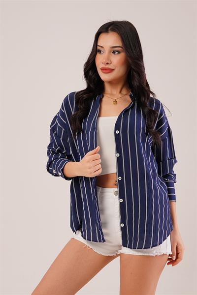 Rustik Çift Çizgili Lacivert Gömlek