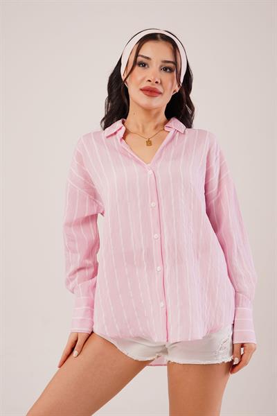 Rustik Çift Çizgili Pembe Gömlek