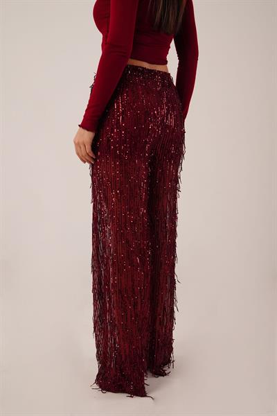 Saçaklı Payet İşlemeli Transparan Bordo Pantolon