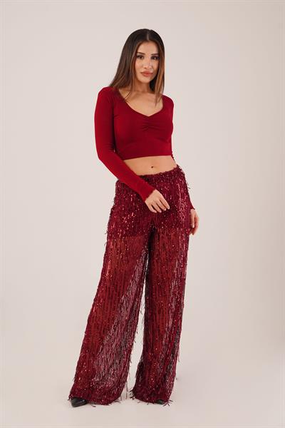Saçaklı Payet İşlemeli Transparan Bordo Pantolon