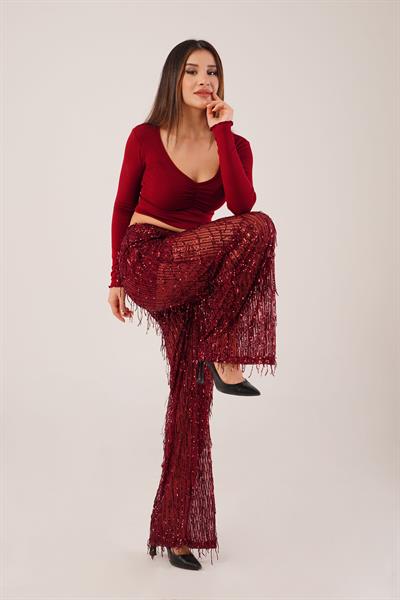 Saçaklı Payet İşlemeli Transparan Bordo Pantolon