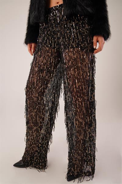 Saçaklı Payet İşlemeli Transparan Gold Pantolon