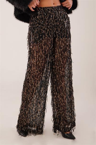 Saçaklı Payet İşlemeli Transparan Gold Pantolon