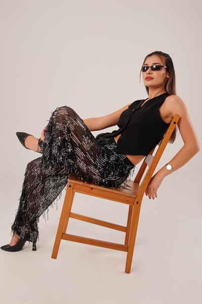 Saçaklı Payet İşlemeli Transparan Gri Pantolon