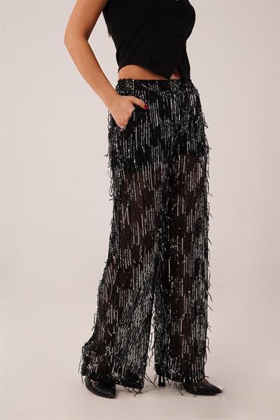 Saçaklı Payet İşlemeli Transparan Gri Pantolon