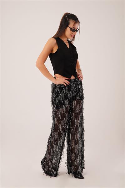 Saçaklı Payet İşlemeli Transparan Gri Pantolon