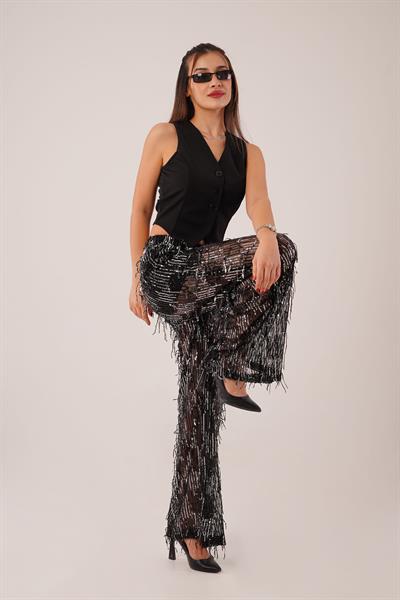 Saçaklı Payet İşlemeli Transparan Gri Pantolon