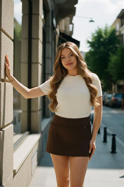 İnce Metal Toka Kemerli Şortlu Mini Kahverengi Şort Etek