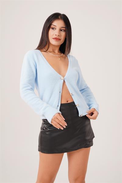 Sakallı Düğmeli V Yaka Bebe Mavi Triko Hırka