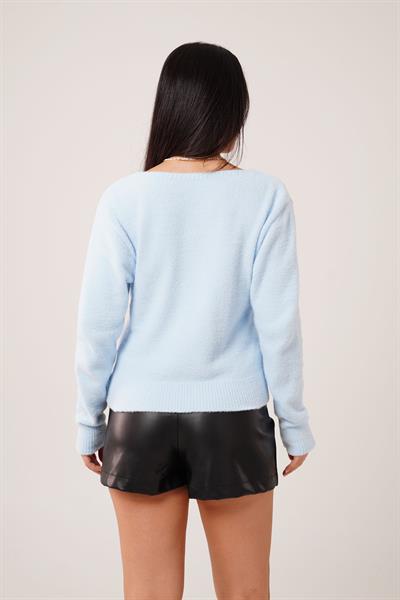 Sakallı Düğmeli V Yaka Bebe Mavi Triko Hırka