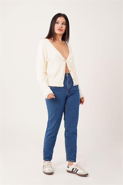 Sakallı Düğmeli V Yaka Ekru Triko Hırka