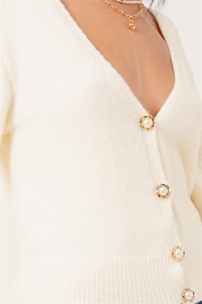 Sakallı Düğmeli V Yaka Ekru Triko Hırka