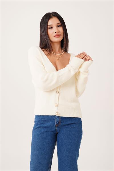 Sakallı Düğmeli V Yaka Ekru Triko Hırka
