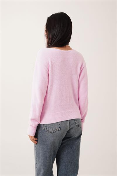 Sakallı Düğmeli V Yaka Pembe Triko Hırka