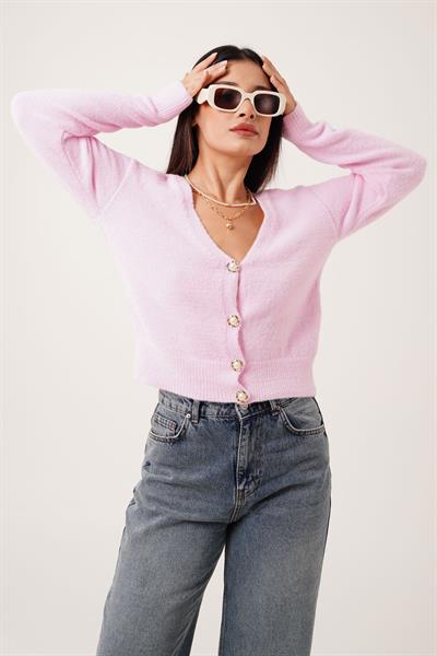 Sakallı Düğmeli V Yaka Pembe Triko Hırka