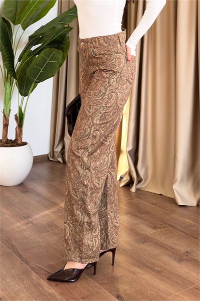 Şal Desen Yüksek Bel Gabardin Pantolon