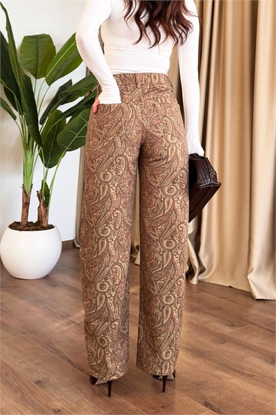 Şal Desen Yüksek Bel Gabardin Pantolon