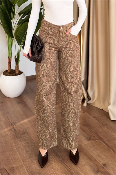 Şal Desen Yüksek Bel Gabardin Pantolon