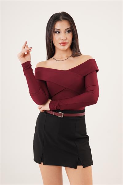 Şal Yaka Omuz Dekolteli Bordo Bluz