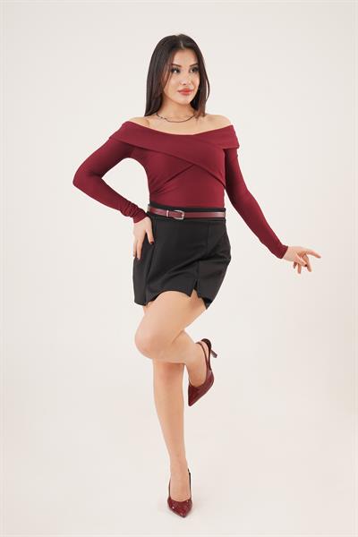 Şal Yaka Omuz Dekolteli Bordo Bluz