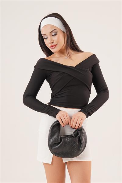 Şal Yaka Omuz Dekolteli Siyah Bluz