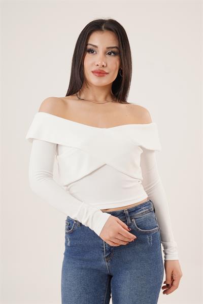 Şal Yaka Omuz Dekolteli Beyaz Bluz