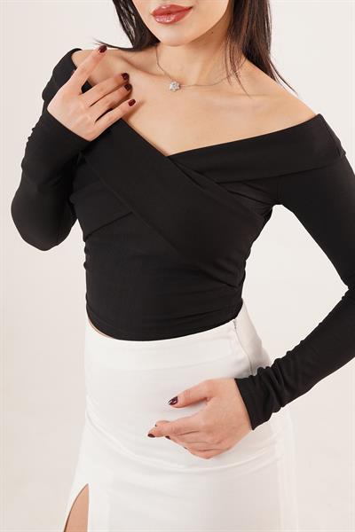 Şal Yaka Omuz Dekolteli Siyah Bluz