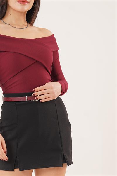 Şal Yaka Omuz Dekolteli Bordo Bluz