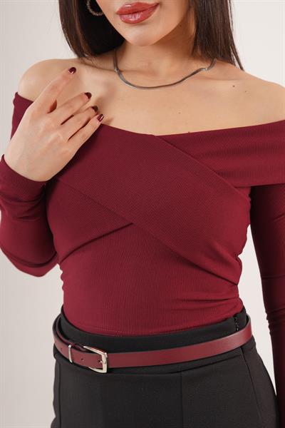 Şal Yaka Omuz Dekolteli Bordo Bluz