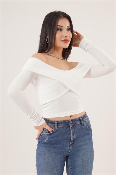 Şal Yaka Omuz Dekolteli Beyaz Bluz