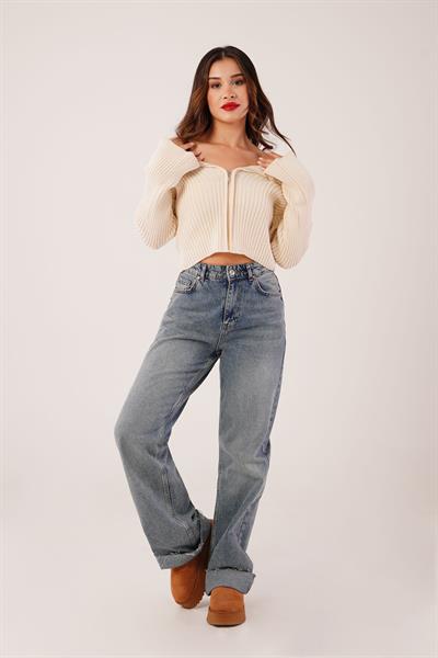 Madonna Yaka Fermuarlı Taş Triko Hırka