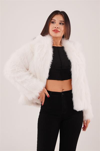 Şal Yaka Suni Kürk Zr Peluş Beyaz Kaban