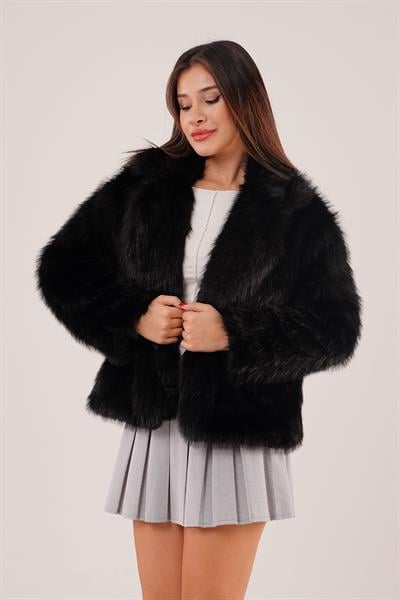 Şal Yaka Suni Kürk Zr Peluş Siyah Kaban