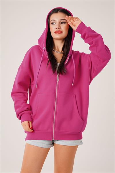 Kapüşonlu Oversize Cepli Spor Fuşya Hırka