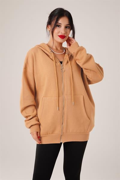 Kapüşonlu Oversize Cepli Spor Camel Hırka