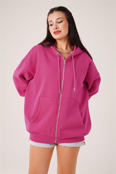 Kapüşonlu Oversize Cepli Spor Fuşya Hırka