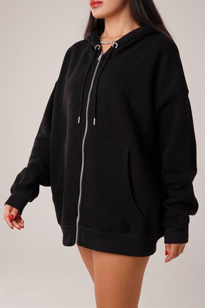 Kapüşonlu Oversize Cepli Spor Siyah Hırka