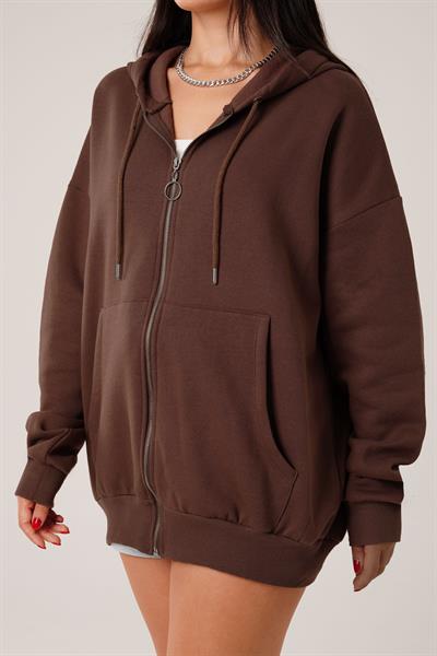 Kapüşonlu Oversize Cepli Spor Kahve Hırka