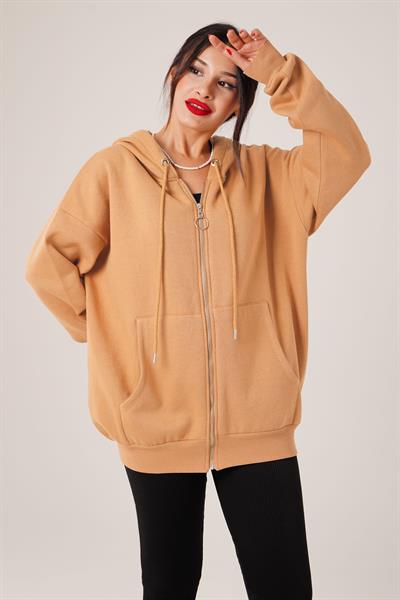 Kapüşonlu Oversize Cepli Spor Camel Hırka