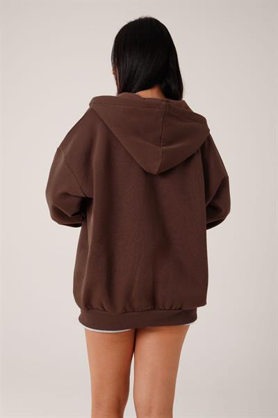 Kapüşonlu Oversize Cepli Spor Kahve Hırka