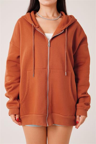 Kapüşonlu Oversize Cepli Spor Kiremit Hırka