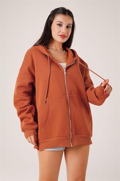 Kapüşonlu Oversize Cepli Spor Kiremit Hırka