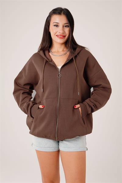 Kapüşonlu Oversize Cepli Spor Kahve Hırka