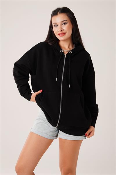 Kapüşonlu Oversize Cepli Spor Siyah Hırka