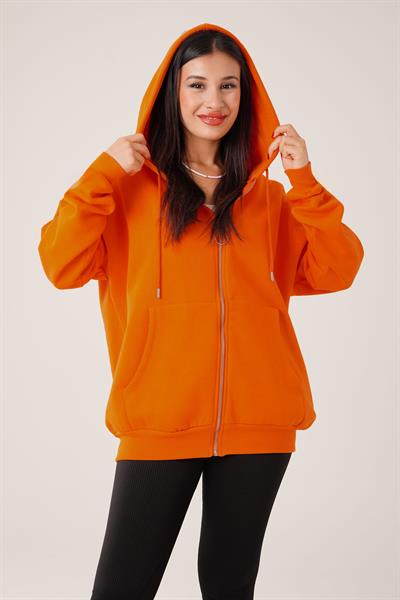 Kapüşonlu Oversize Cepli Spor Oranj Hırka