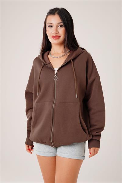 Kapüşonlu Oversize Cepli Spor Kahve Hırka