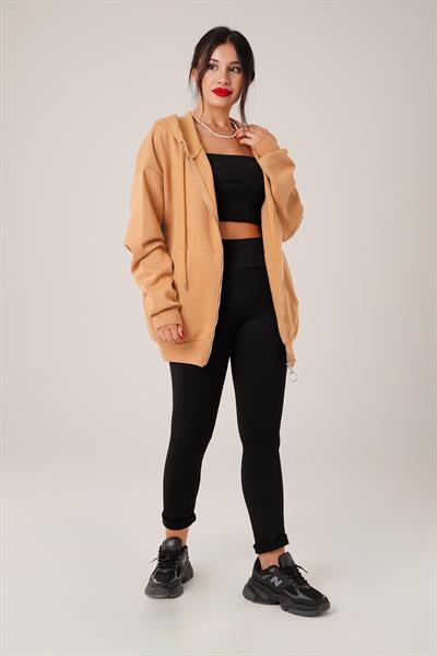 Kapüşonlu Oversize Cepli Spor Camel Hırka