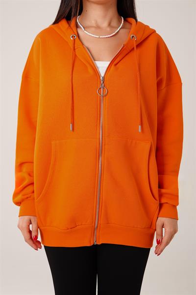 Kapüşonlu Oversize Cepli Spor Oranj Hırka