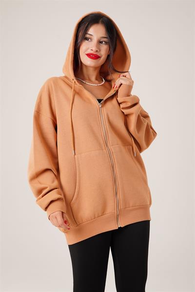 Kapüşonlu Oversize Cepli Spor Camel Hırka