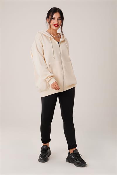 Kapüşonlu Oversize Cepli Spor Bej Hırka